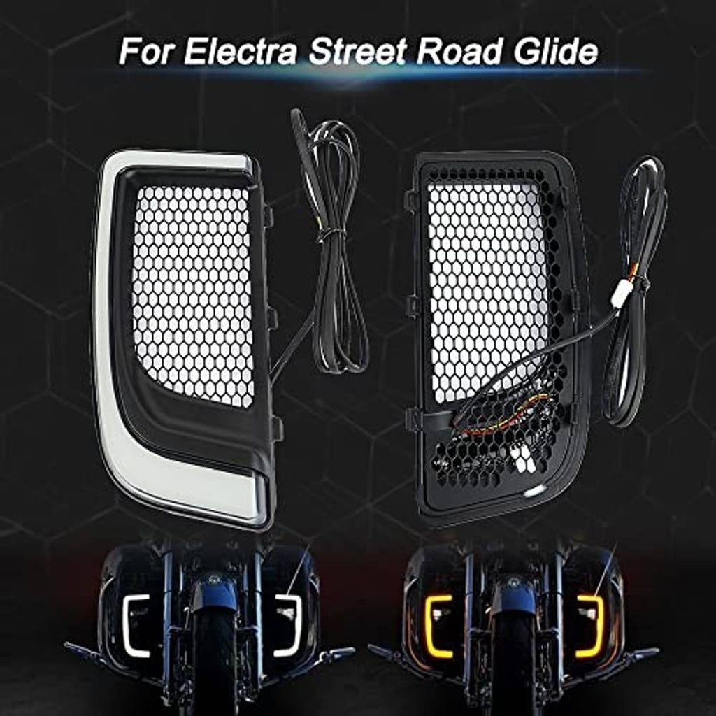 Motorcycle vent light pair with mesh grille and attached wire harness, ready to install