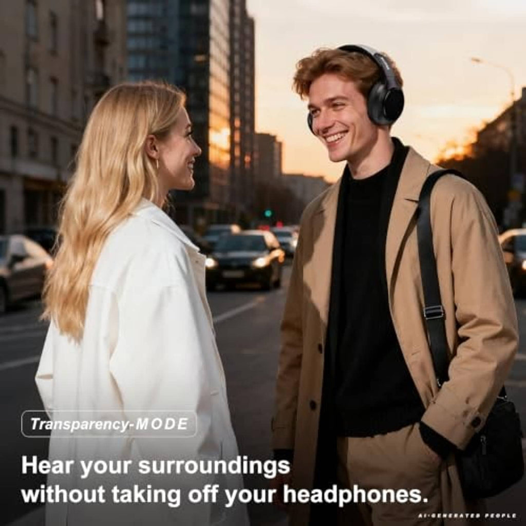 Black over-ear wireless noise cancelling headphones worn by two people, outdoor street view