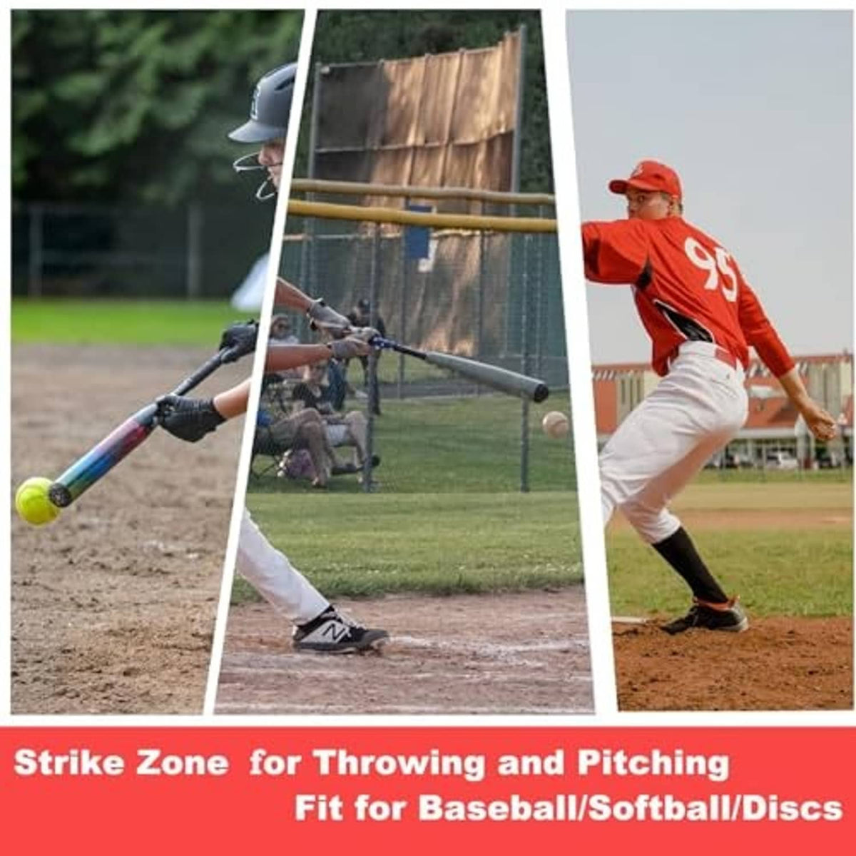 Strike zone throwing and pitching target net with red border and square center