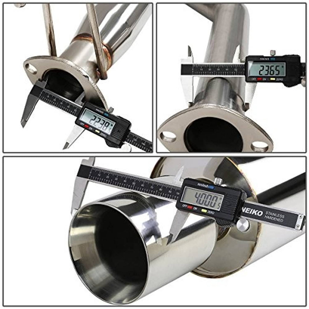Exhaust flange and outlet measured with calipers, showing round opening diameter