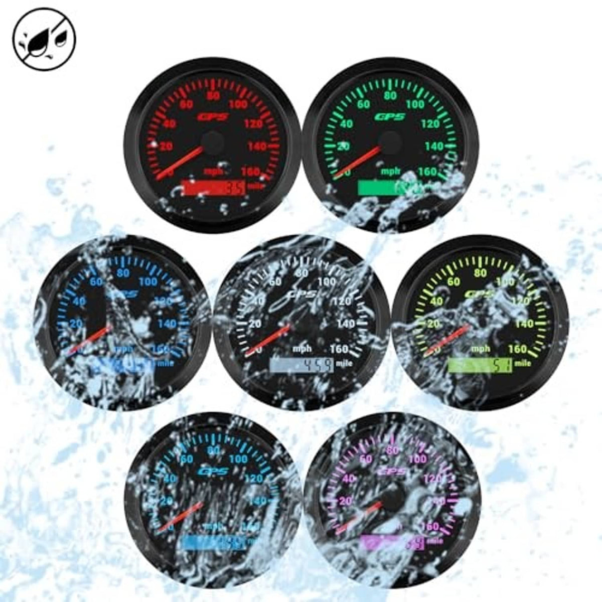 Multiple GPS speedometer gauges showing different backlight colors on the mph dial