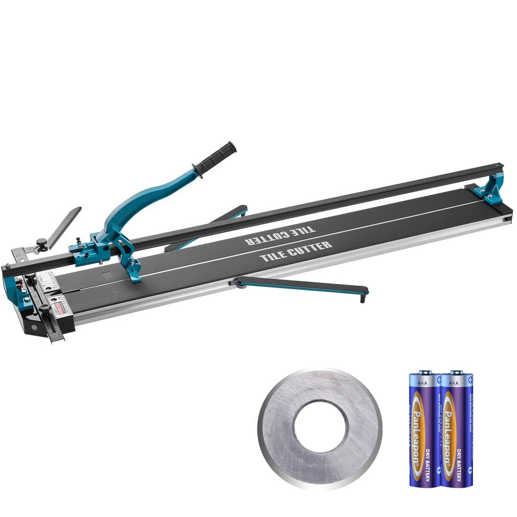 48-inch manual tile cutter with infrared guide, teal/black, with batteries and wheel