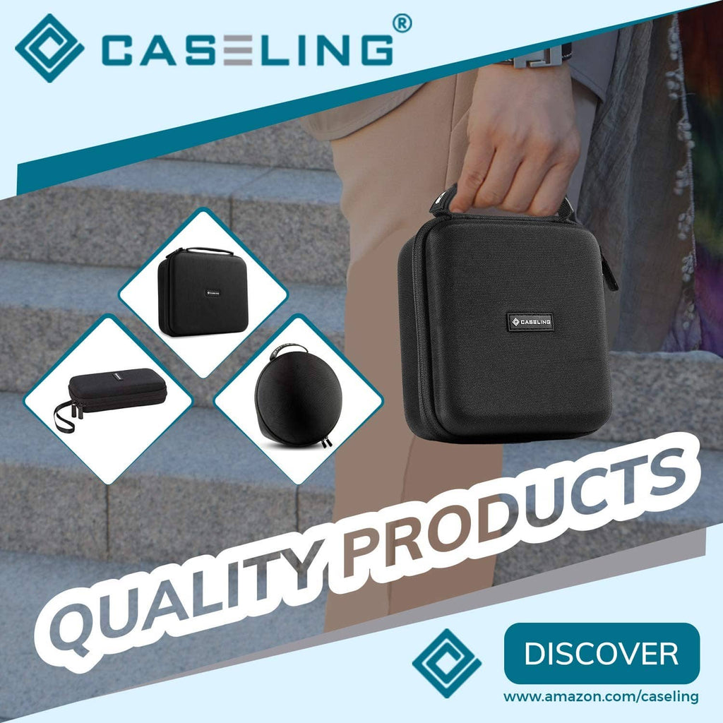 Black carrying case held in hand, compact rectangular hard shell with zipper