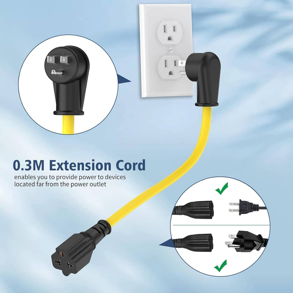 Yellow extension cord with black right-angle plug connected to a wall outlet
