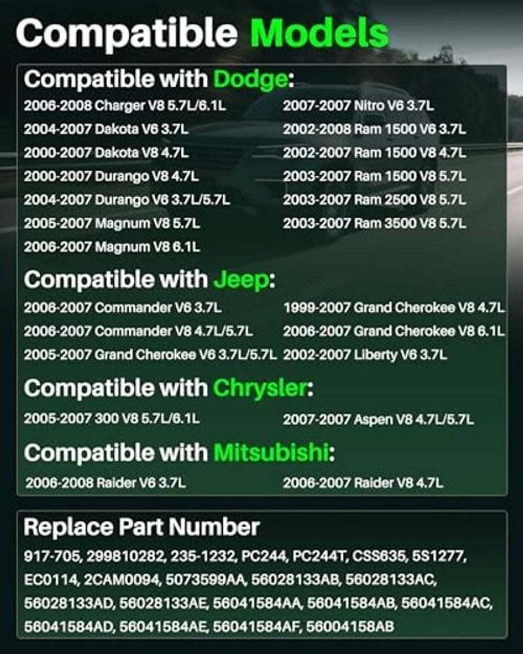 Camshaft position sensor compatibility list and replacement part numbers on label