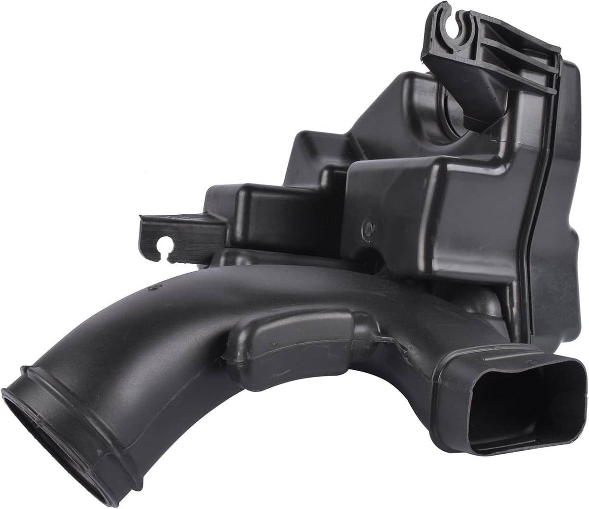 Black air intake resonator duct with vented housing and rectangular mounting tabs