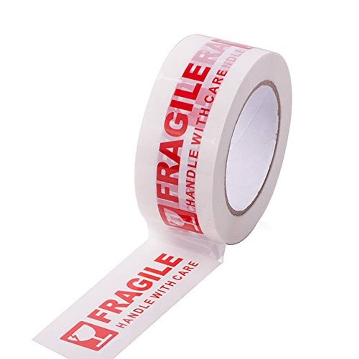 Fragile warning packing tape roll and strip, white tape with red FRAGILE handle text