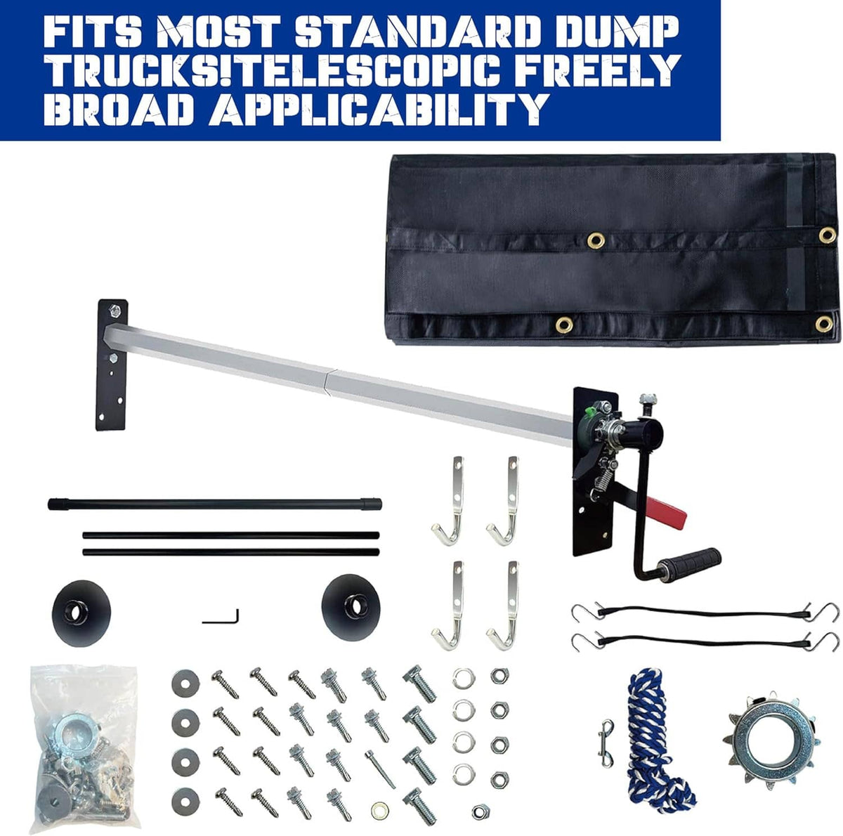 Black tarp with grommets plus mounting kit hardware and included rope coil