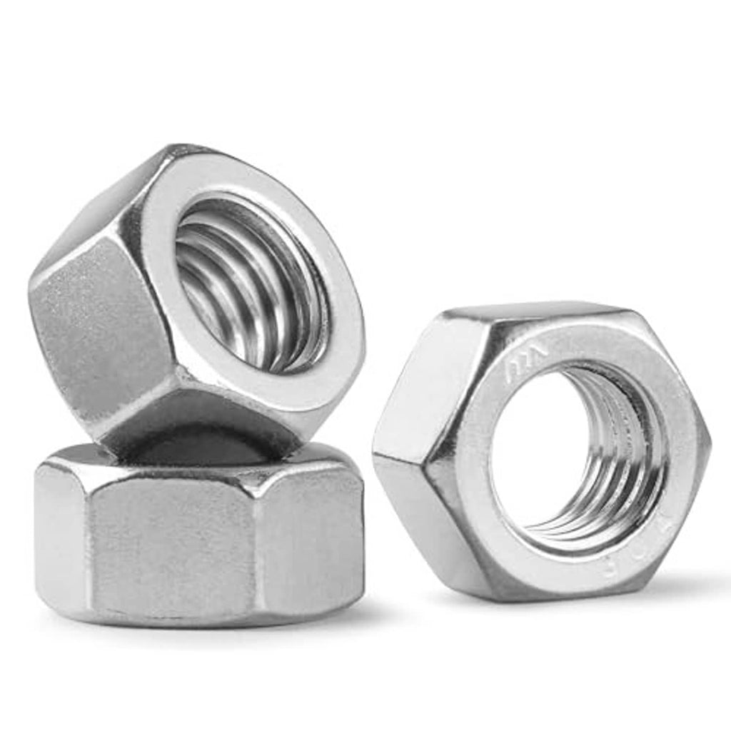 Stainless steel hex nuts, silver finish, angled view of threaded bores