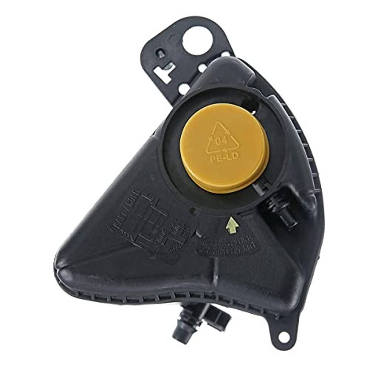 Engine coolant recovery overflow reservoir with yellow cap and mounting bracket