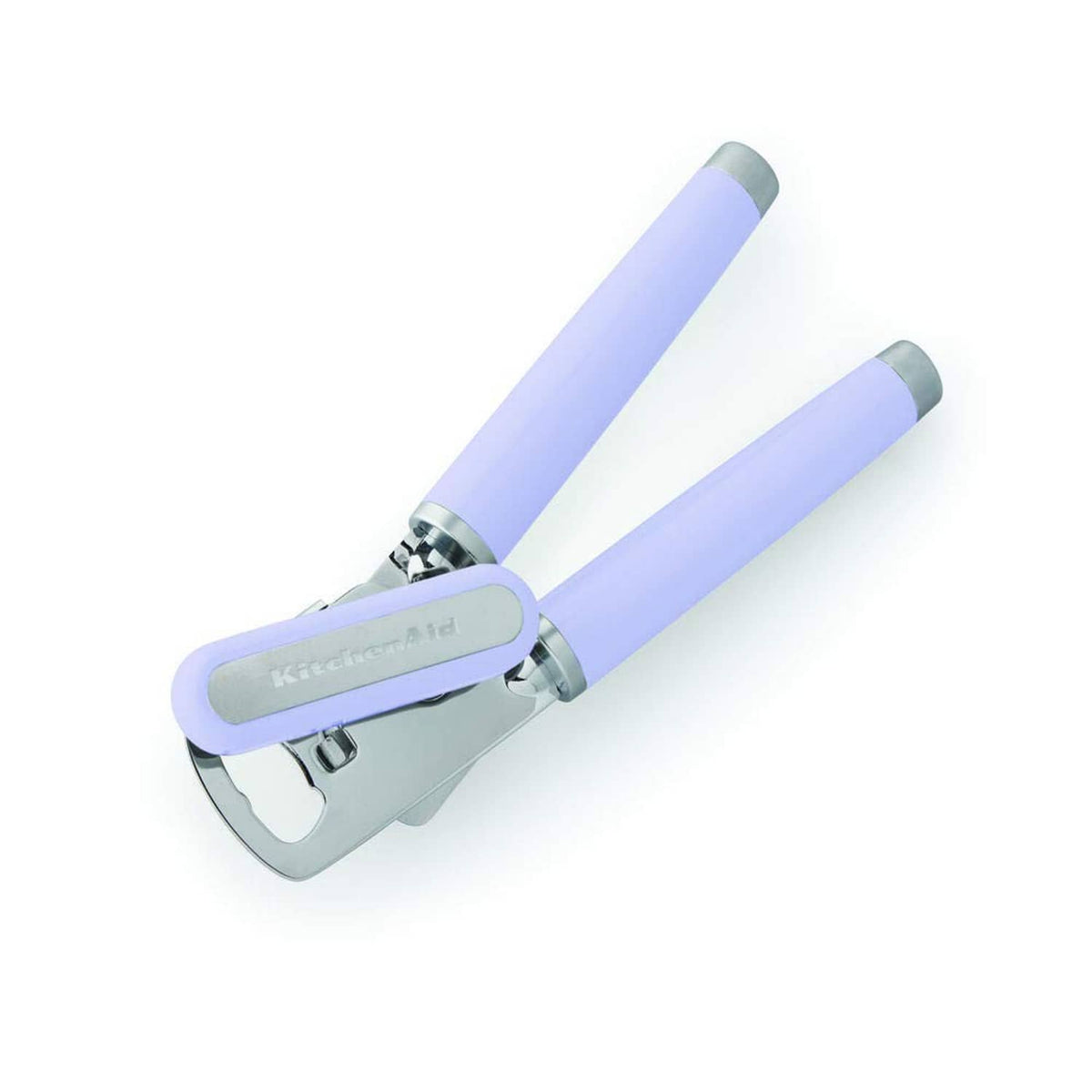 Lavender can opener with stainless steel cutting head and two grip handles.