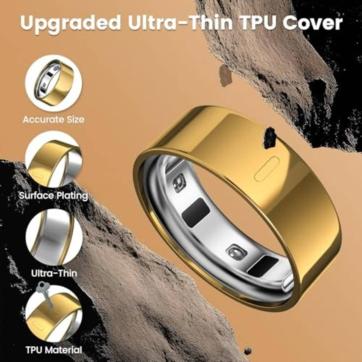 Gold ultra-thin ring cover sleeve with smooth plated surface and sensor cutouts