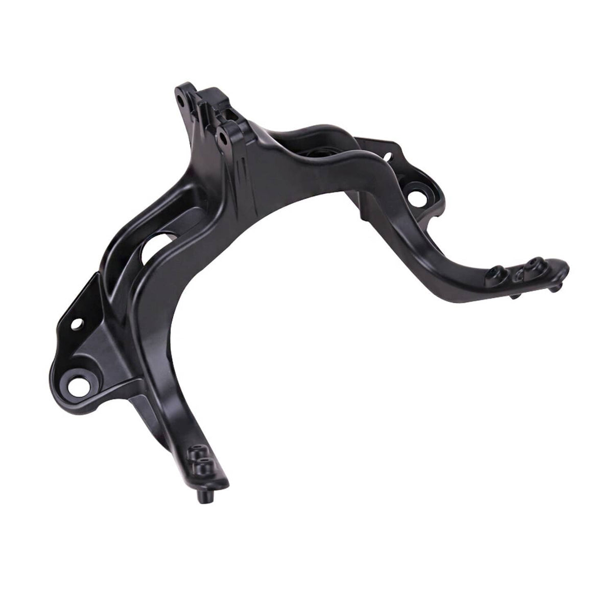 Black upper fairing stay bracket with curved arms and bolt mounting holes