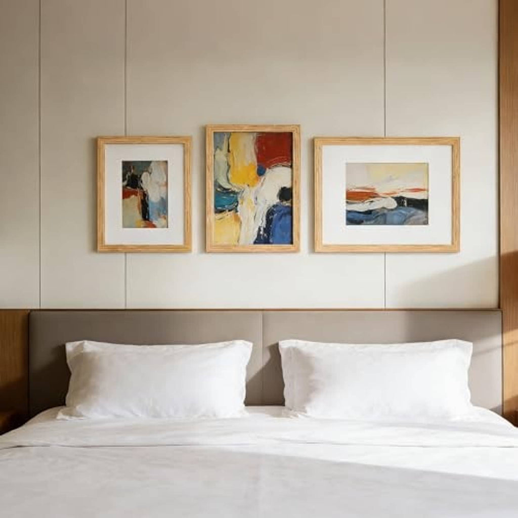 Three oak 8x10 picture frames for wall art, shown above a bed