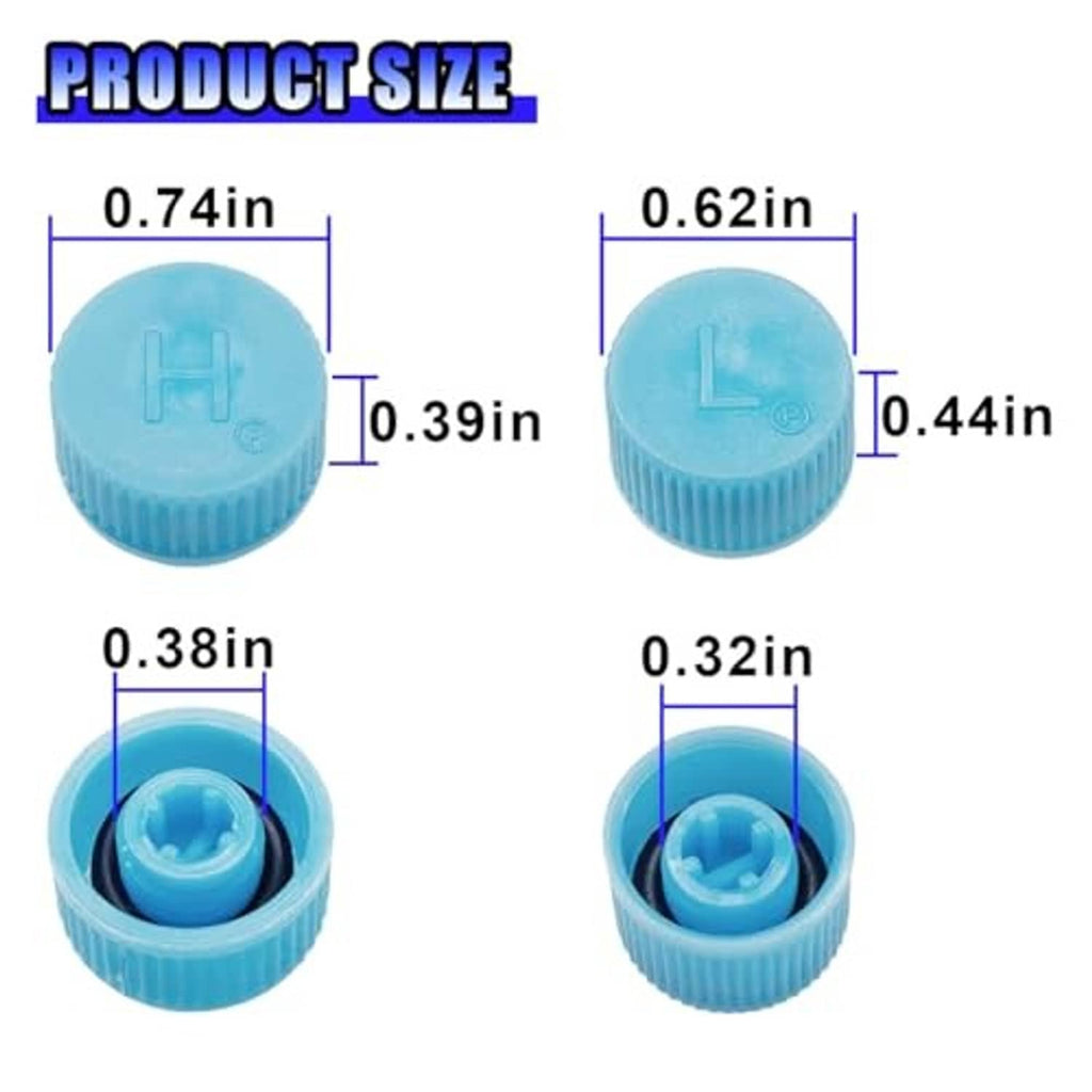 Two blue A/C valve core caps, one marked H and one marked L, with ribbed edge