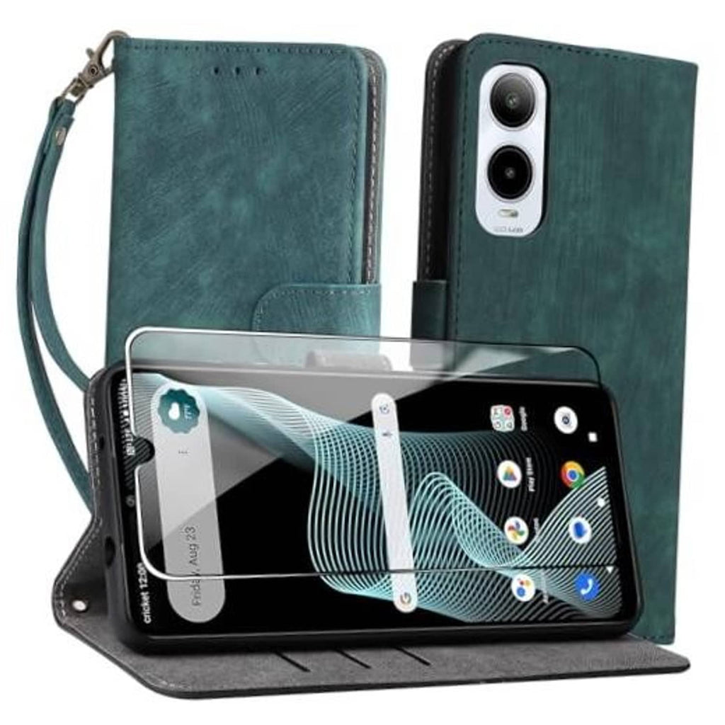 Teal wallet folio phone case with wrist strap; front cover and camera cutout.