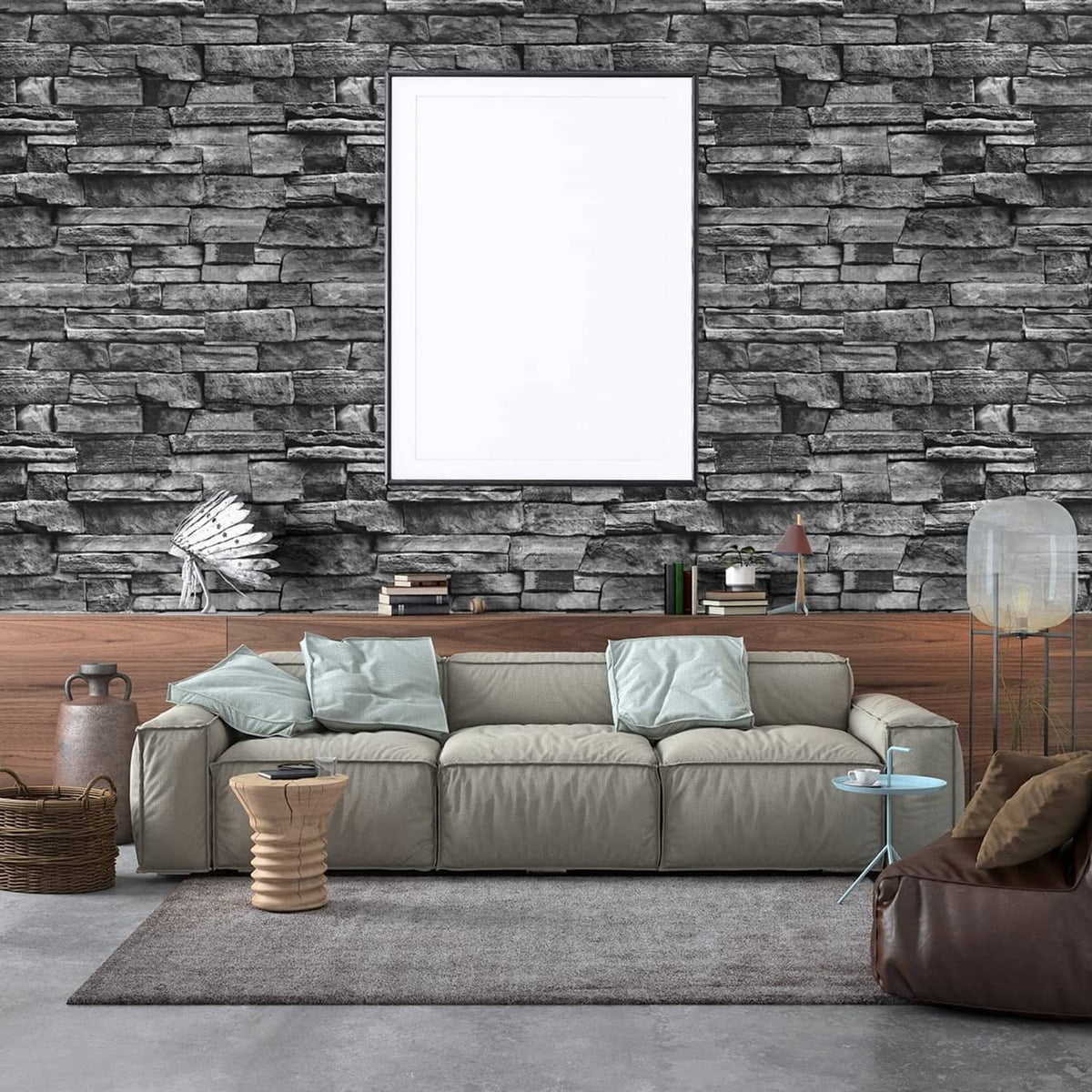 Dark gray stacked-brick wallpaper on a living room wall above a sofa.