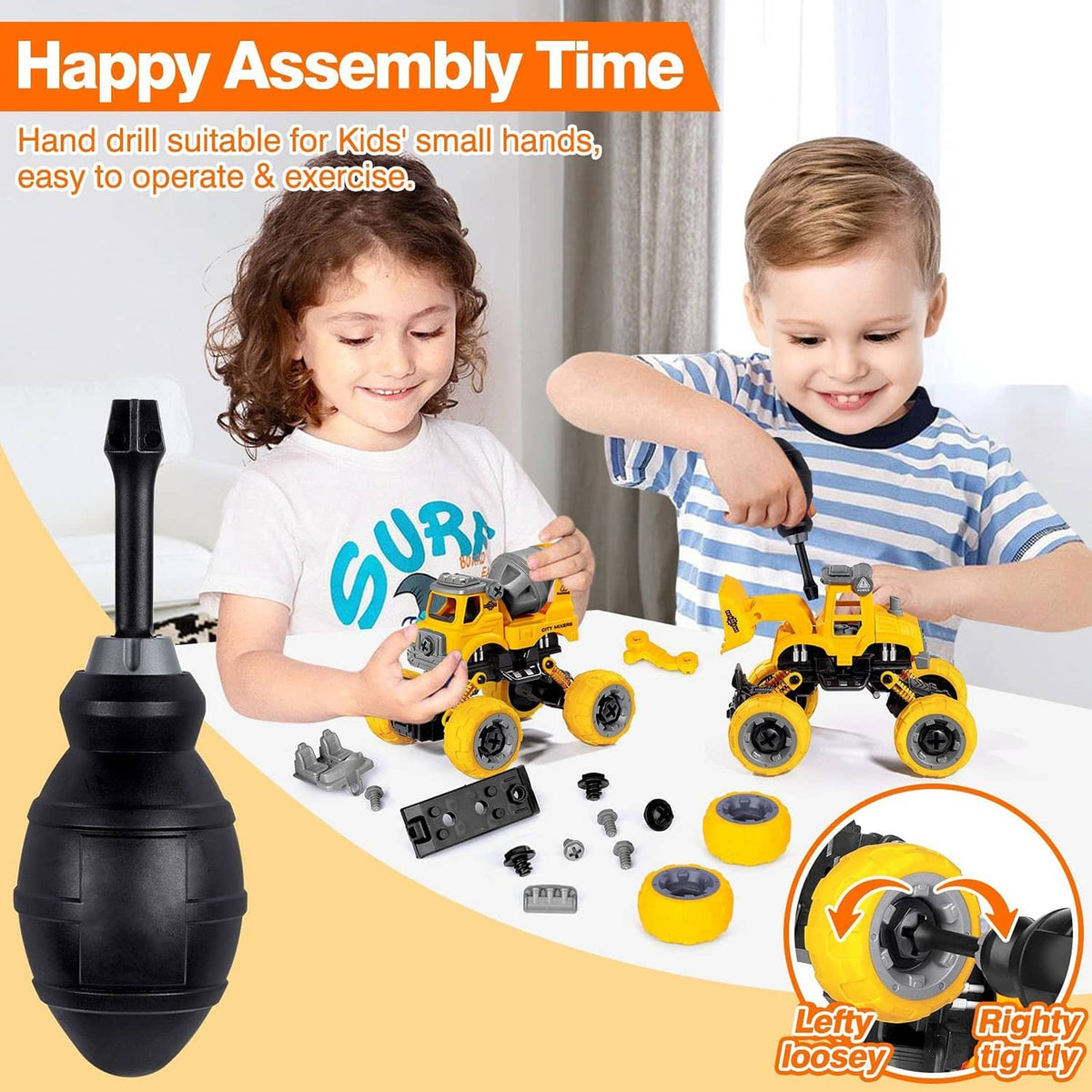 Take-apart construction toy vehicles with hand drill driver and loose screws, ready to assemble