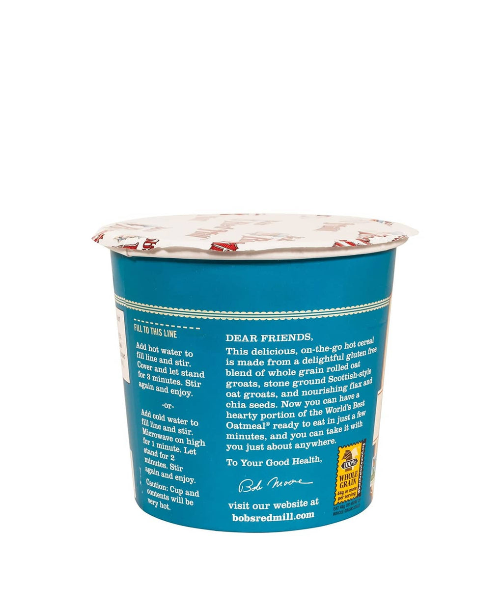 Bob's Red Mill gluten-free oatmeal cup, blue label with foil lid