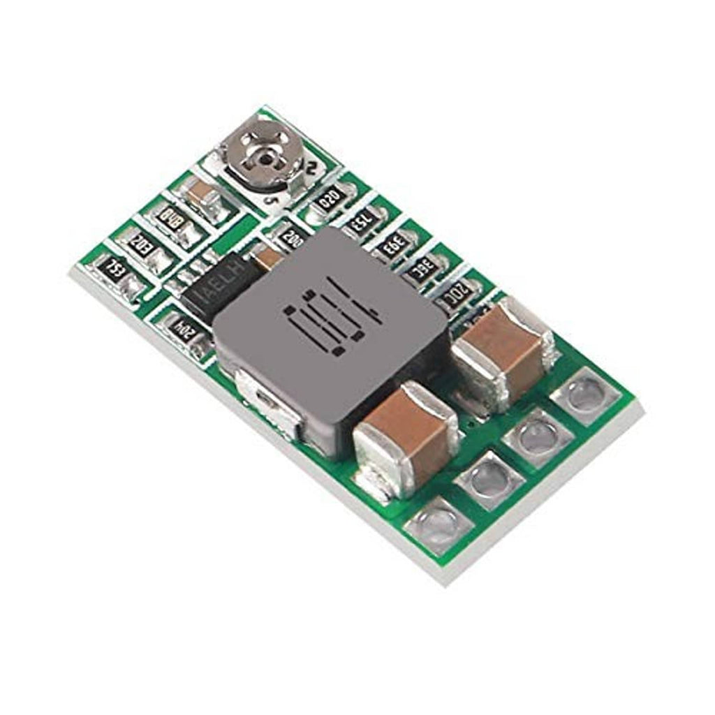 Compact DC voltage regulator module PCB with power IC, inductors, and input terminals