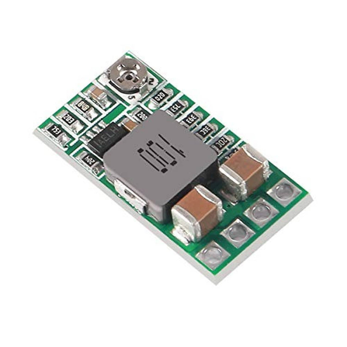 Compact DC voltage regulator module PCB with power IC, inductors, and input terminals
