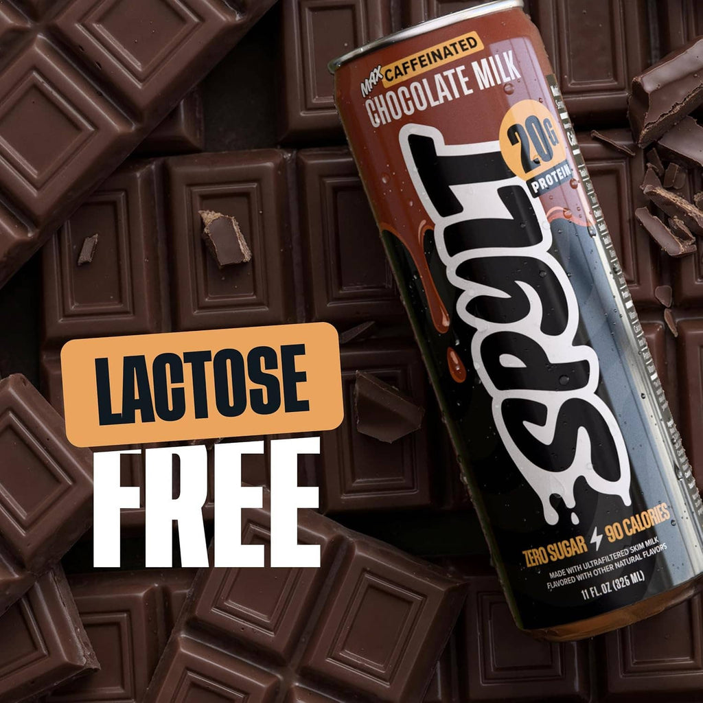 Spylt Max chocolate milk can with Lactose Free label