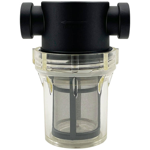 Black inline NPT strainer with clear housing and stainless steel mesh screen filter