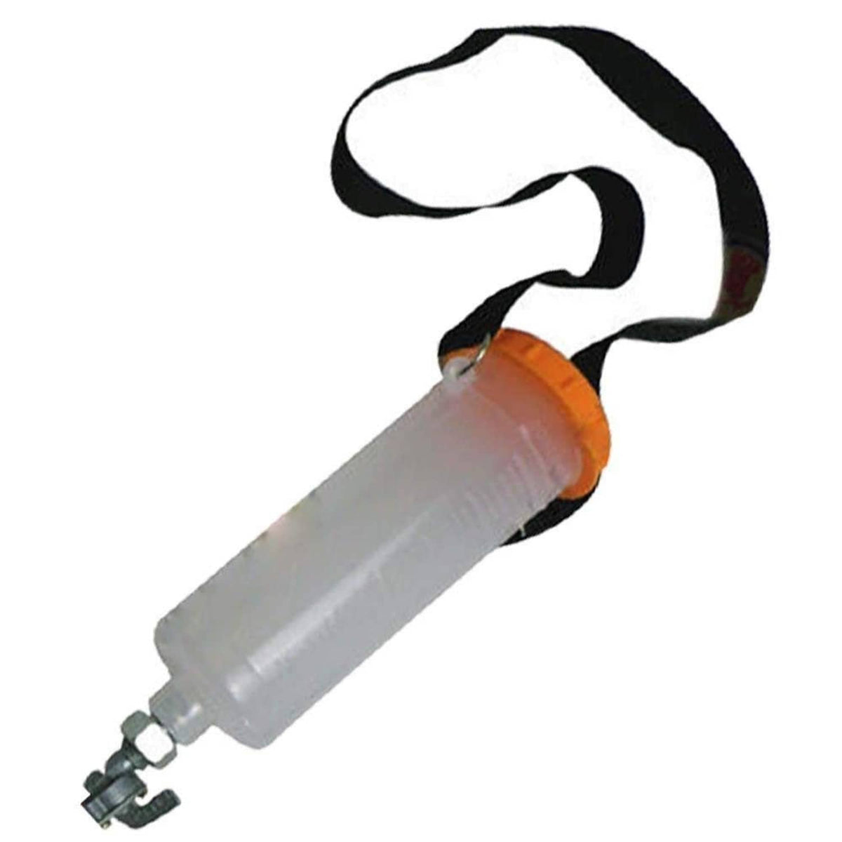 Carb tuning fuel transfer tool with clear cylindrical bottle and orange fuel line