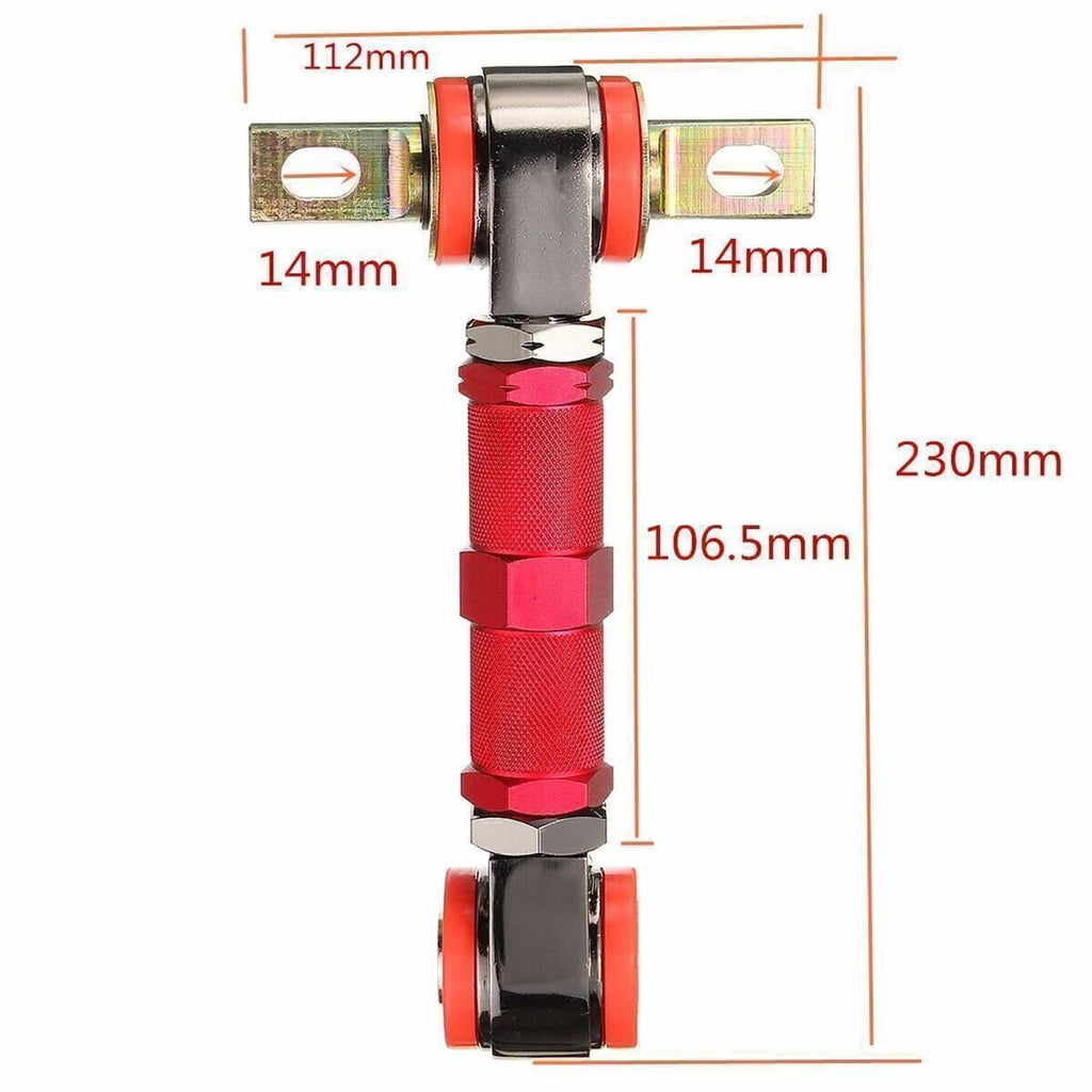 Red adjustable control arm with metal pivot joint and bushings, size diagram shown