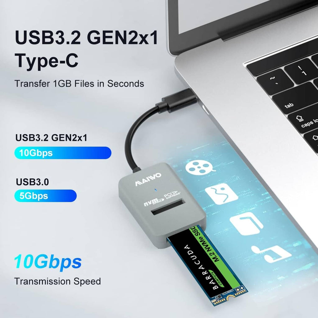 Grey M.2 NVMe to USB-C adapter with USB 3.2 Gen2x1 Type-C transfer connection