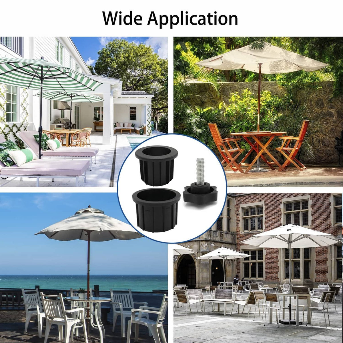 Black umbrella base stand hole ring plug cover caps shown for outdoor patio umbrella setups