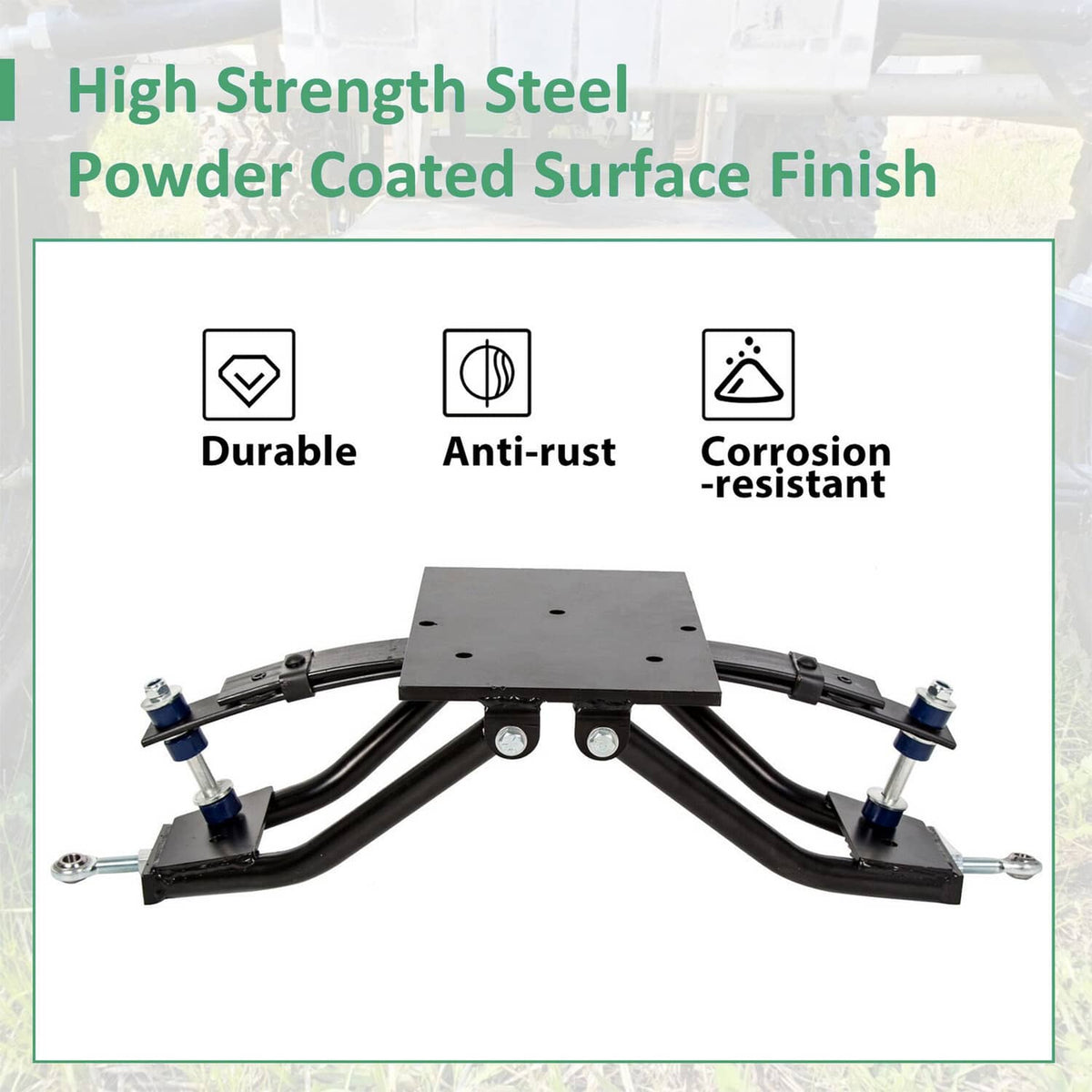 Black A-arm lift kit assembly with powder-coated metal arms and front mounting plate