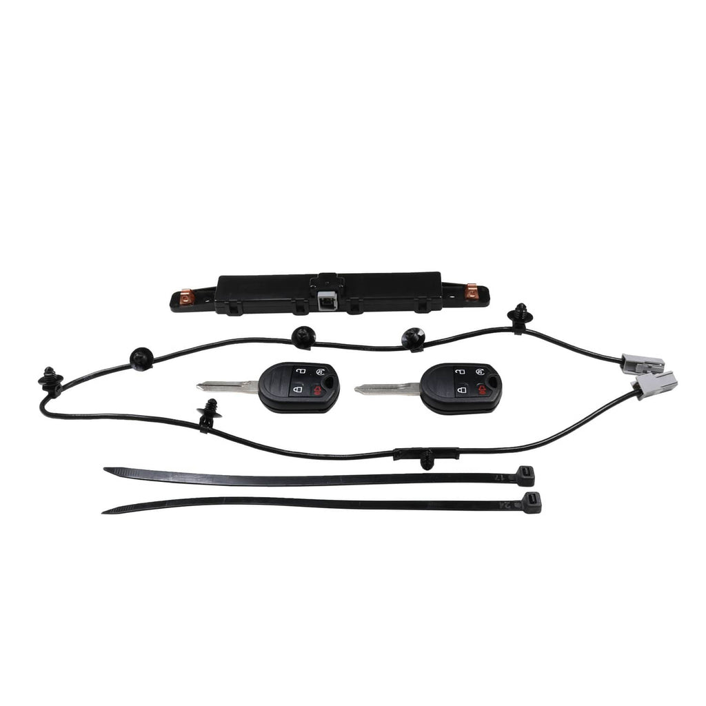Remote car start RPO kit with wiring harness, two key fobs, and two long metal straps