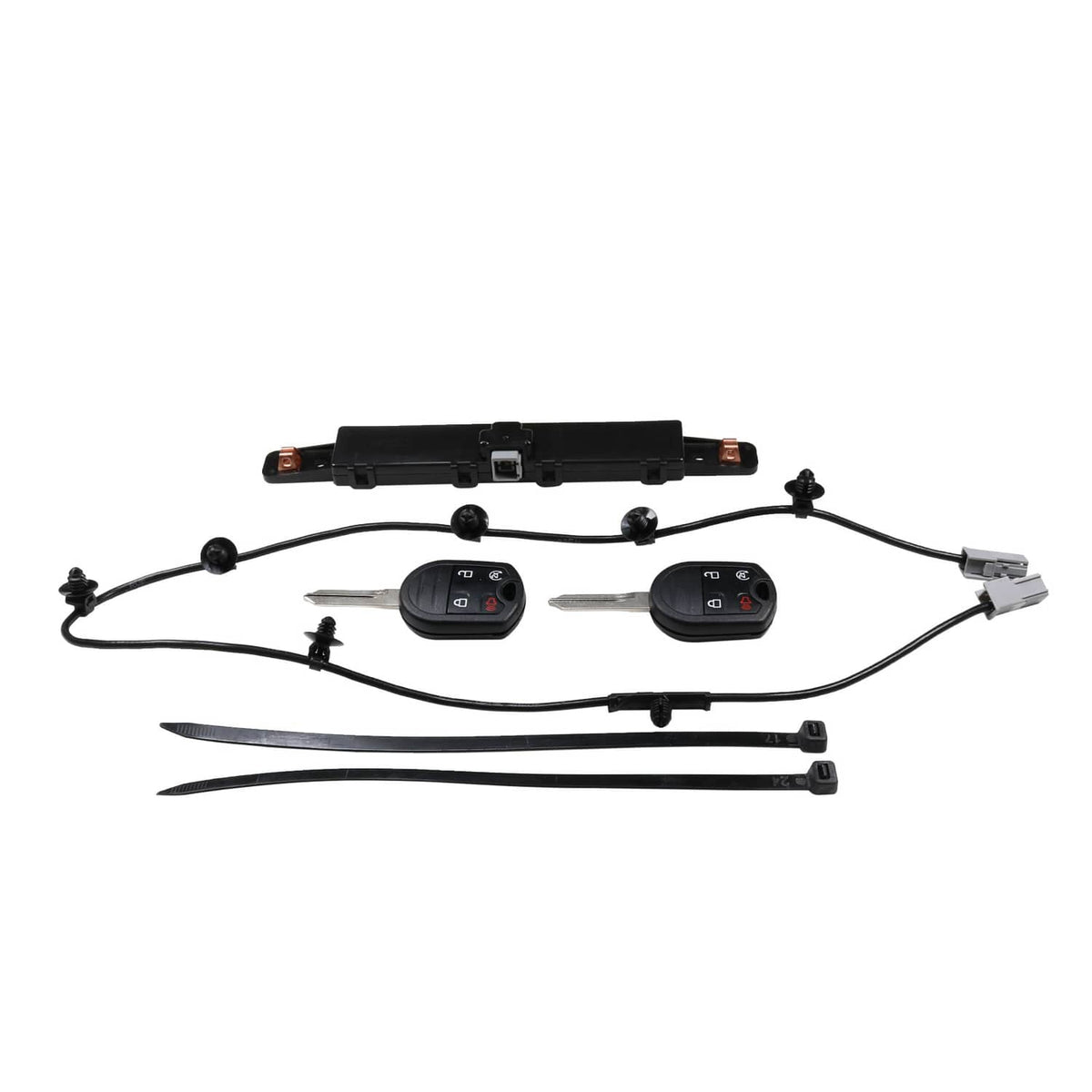 Remote car start RPO kit with wiring harness, two key fobs, and two long metal straps