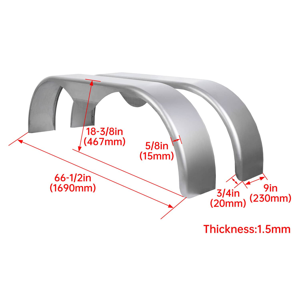 Silver steel trailer fender dimensions: 66-1/2in length, 1.5mm thickness