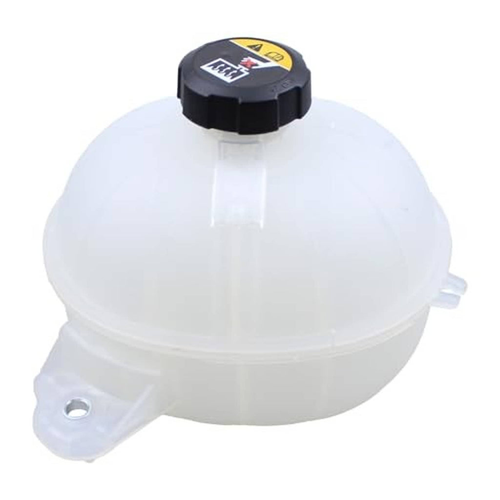 Engine coolant reservoir tank with cap, side view of translucent white tank and black cap