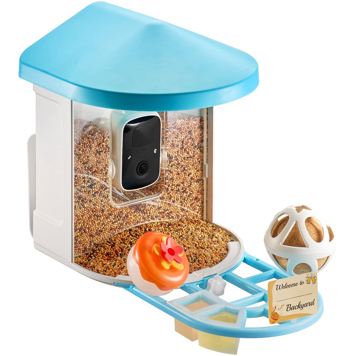 Smart bird feeder with built-in camera, blue roof, clear seed window and orange base