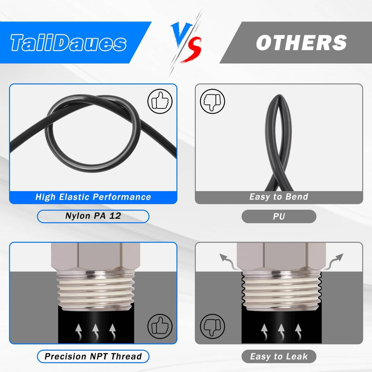 Black air tubing and blue-collared connector samples for pneumatic hose use