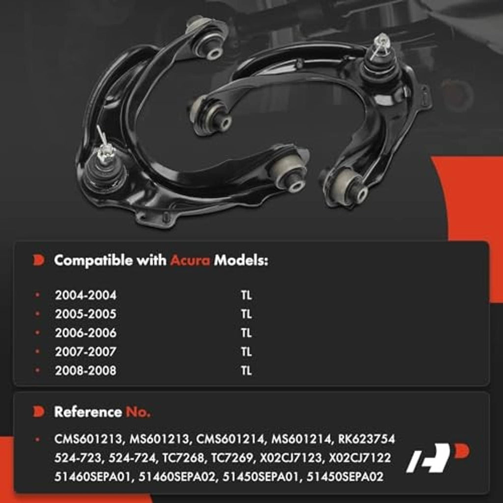 Black front upper control arms with ball joints and bushings, shown as a set