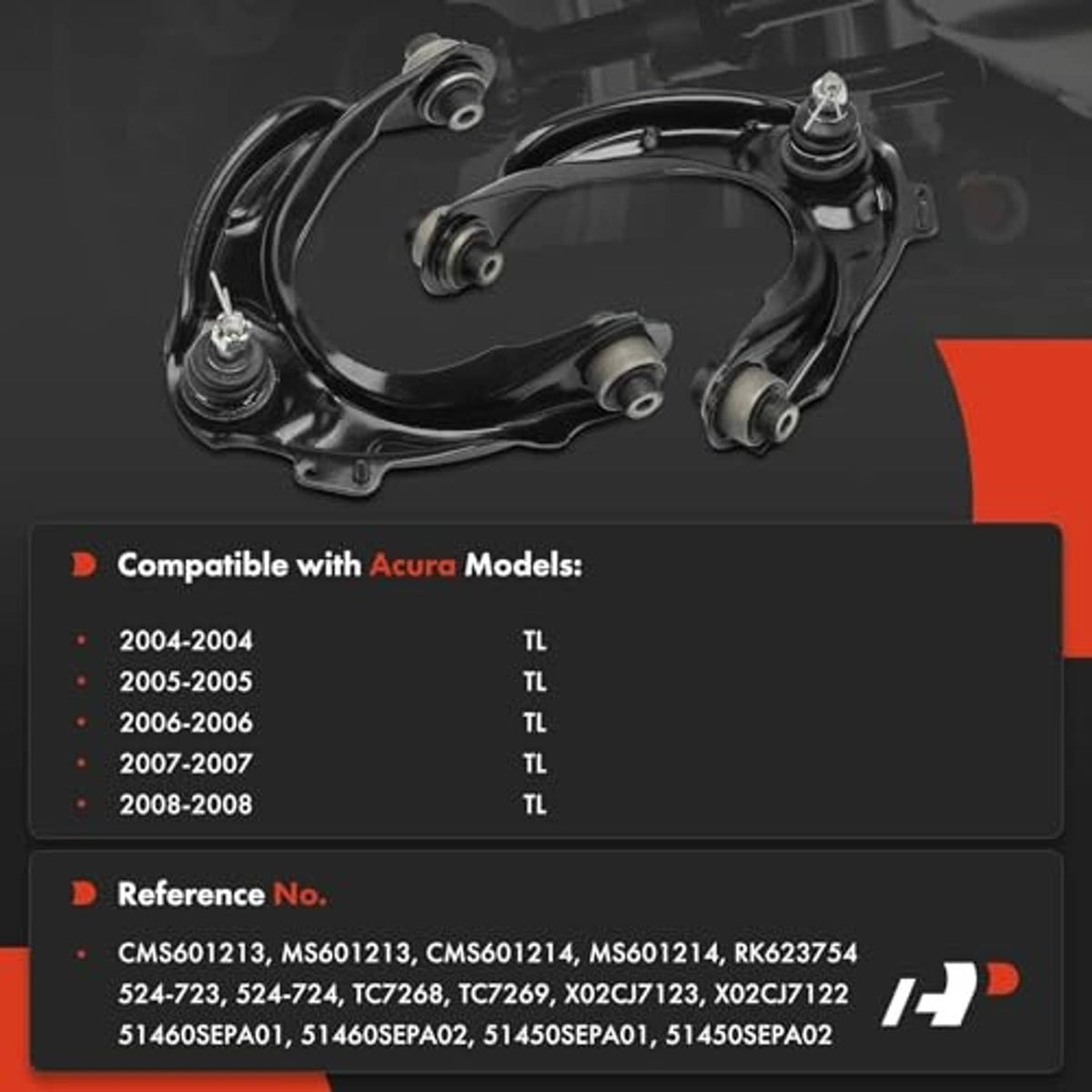 Black front upper control arms with ball joints and bushings, shown as a set