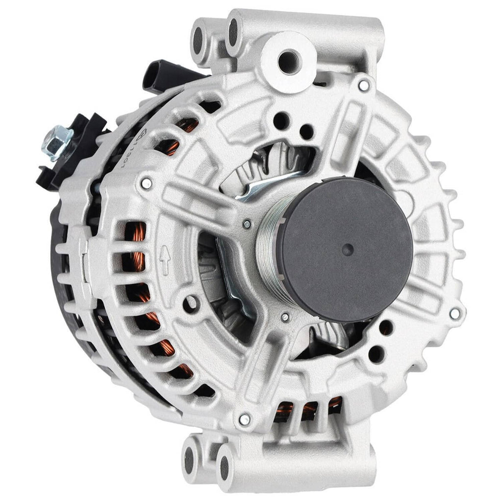 Automotive alternator with silver housing, round end cover, and vented stator