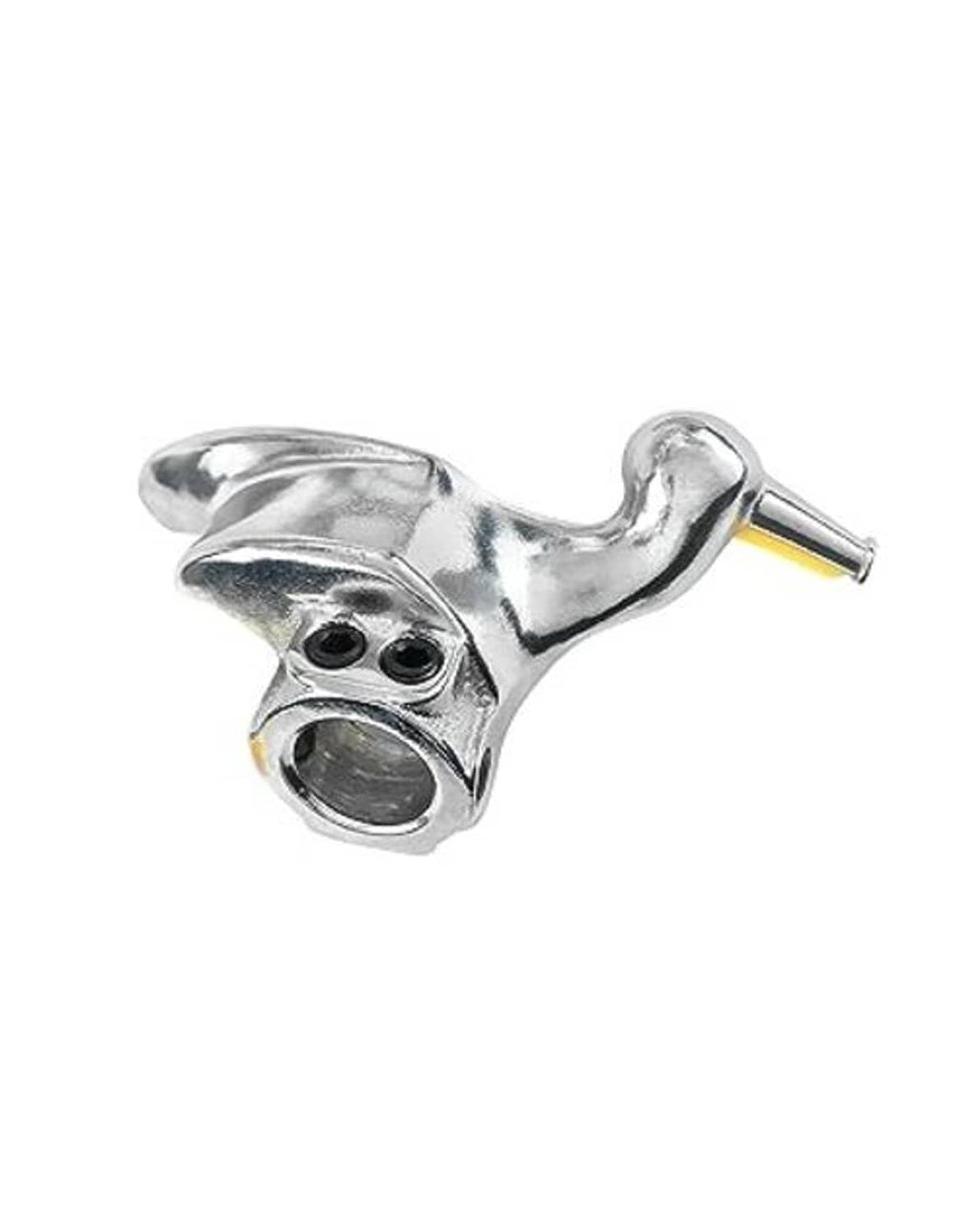 Metal tire changer duckhead tool with yellow insert and pry tip, angled close-up