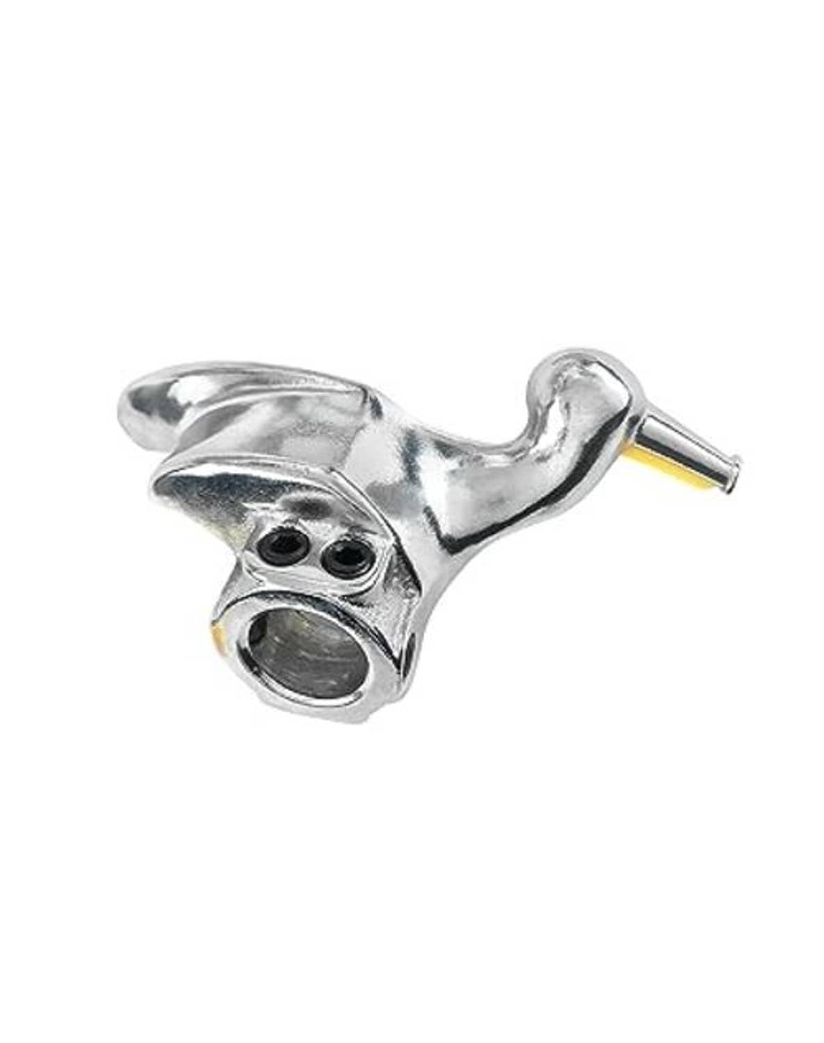 Metal tire changer duckhead tool with yellow insert and pry tip, angled close-up