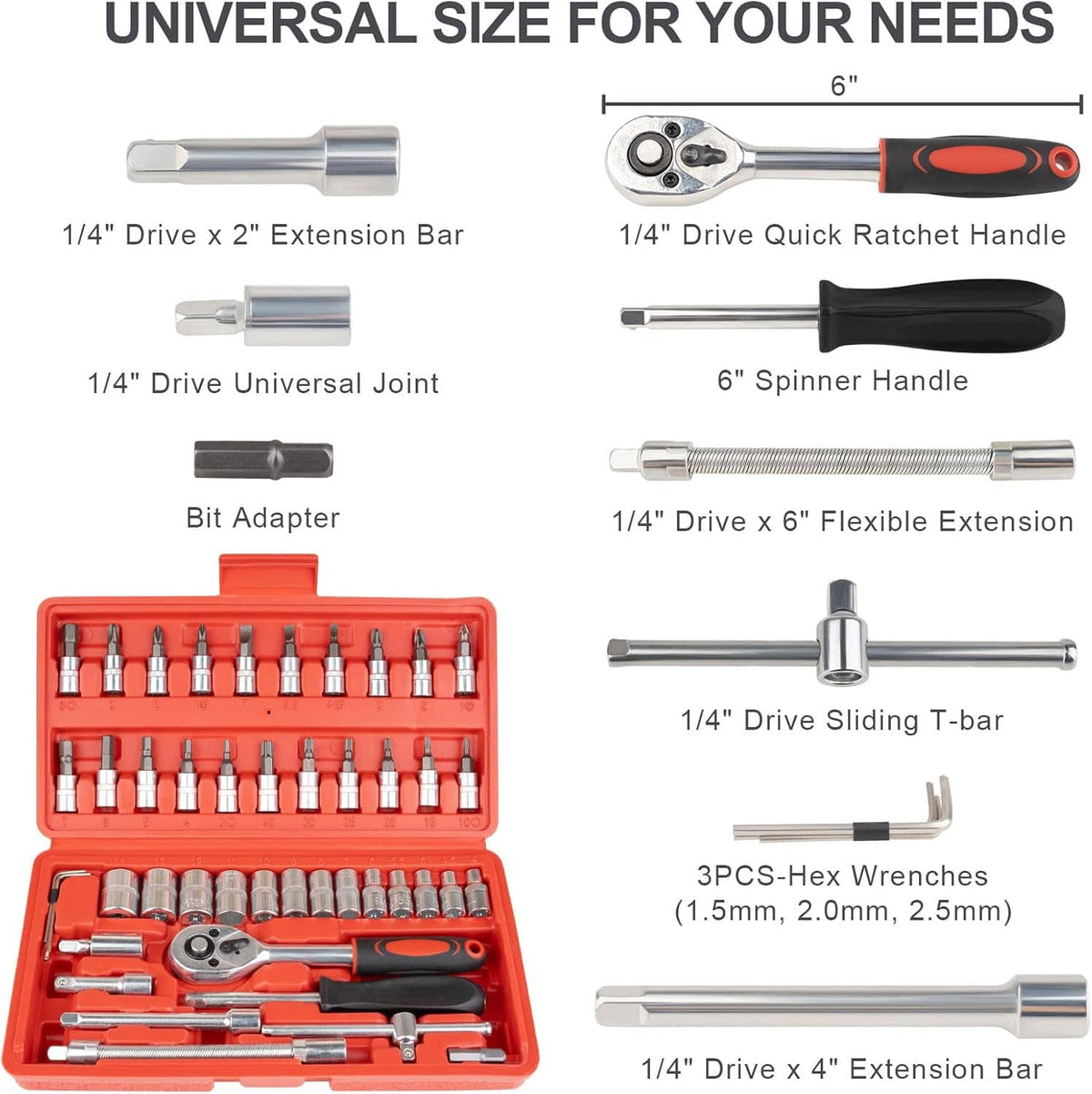 Socket set parts: 1/4-inch extension bars, universal joint, bit adapter, spinner handle