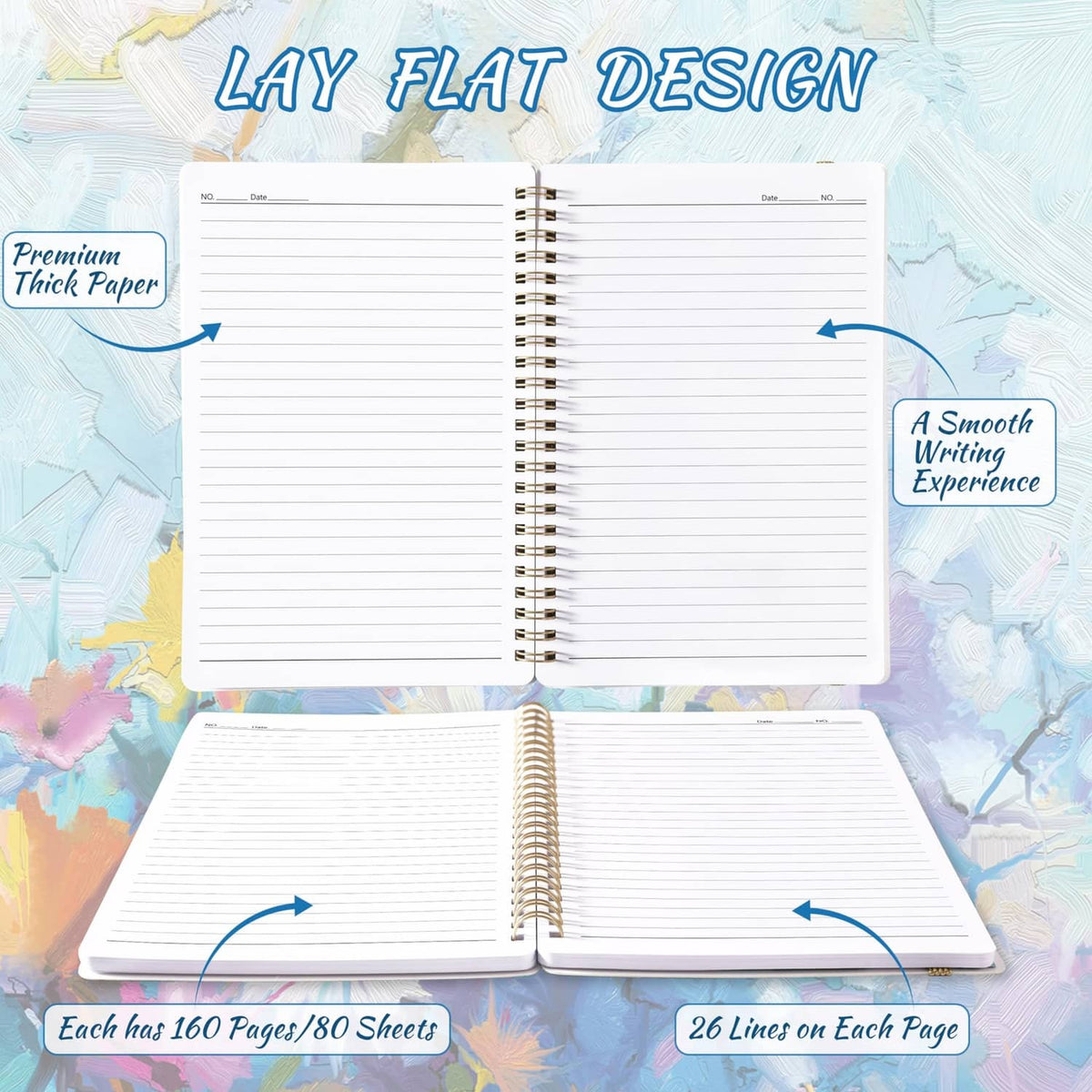 Open A5 spiral notebook with lay-flat design and ruled pages