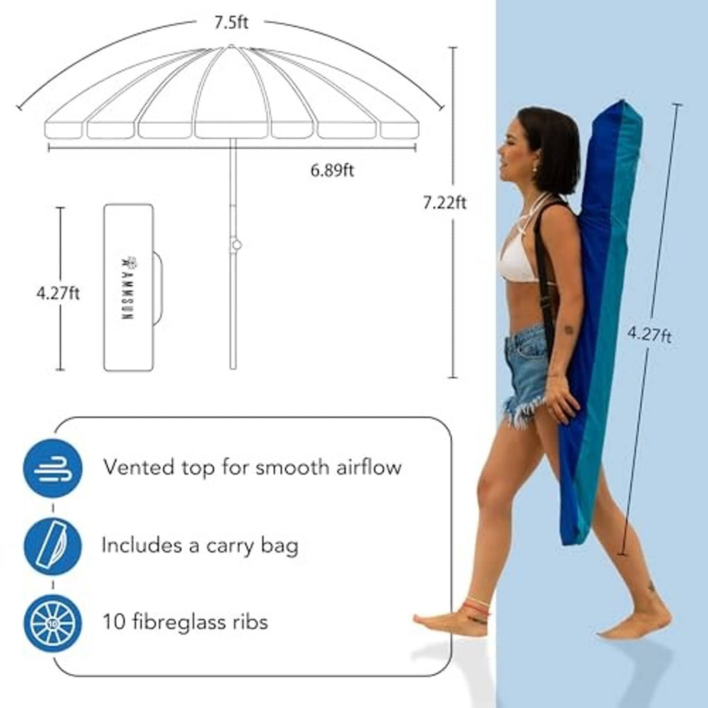 Beach umbrella size diagram with 7.5ft canopy, vented top, fiberglass ribs, carry bag
