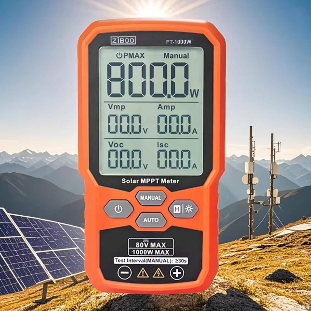 Orange solar MPPT meter tester with LCD showing 0.000 values and control buttons.