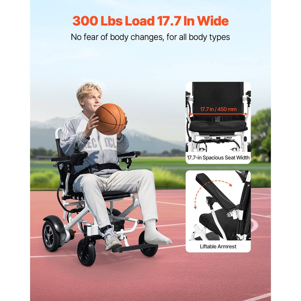 Electric wheelchair with wide 17.7 in seat, black armrest, white frame