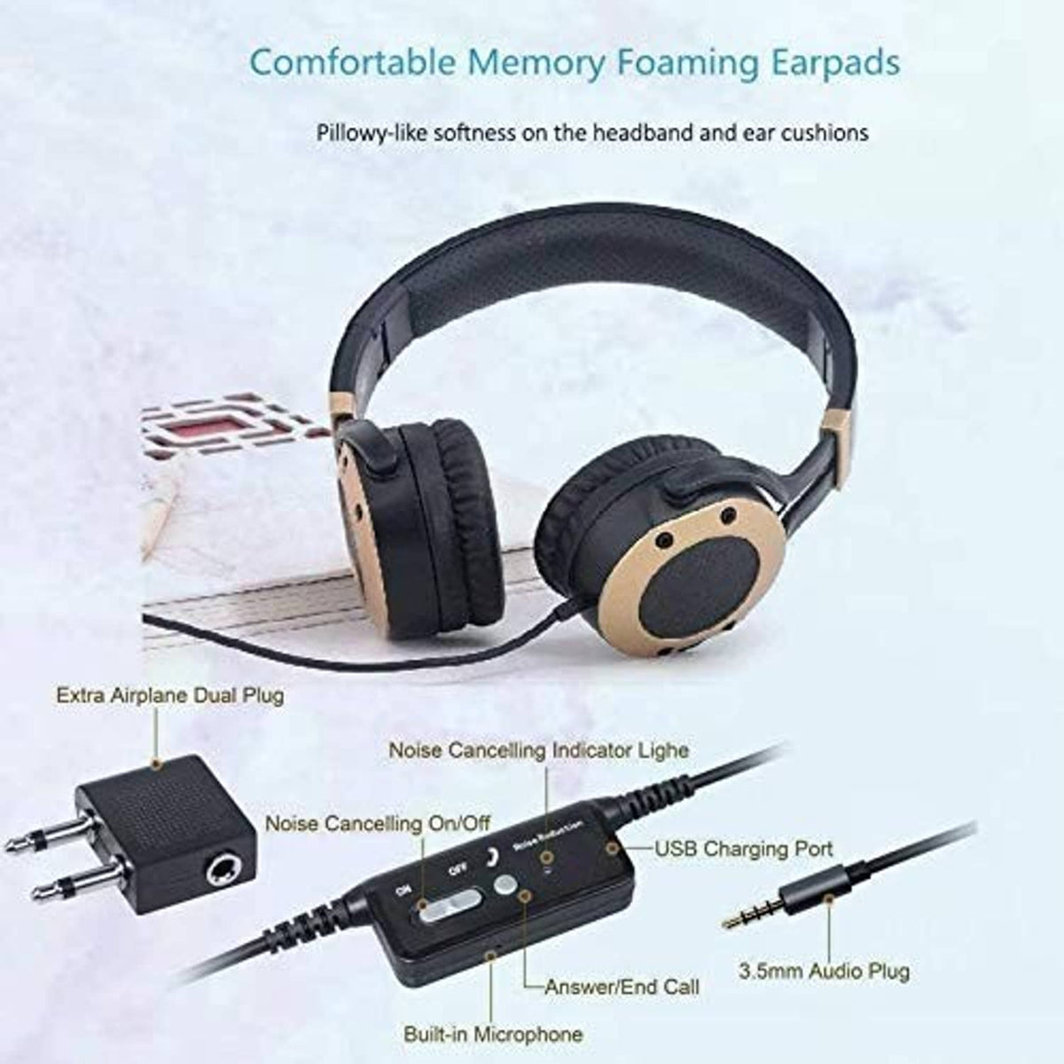 Over-ear headphones with detachable plug adapter, inline control box, built-in microphone
