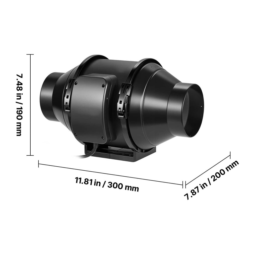 Black 4-inch inline duct fan with size measurements, showing left and right duct ends.